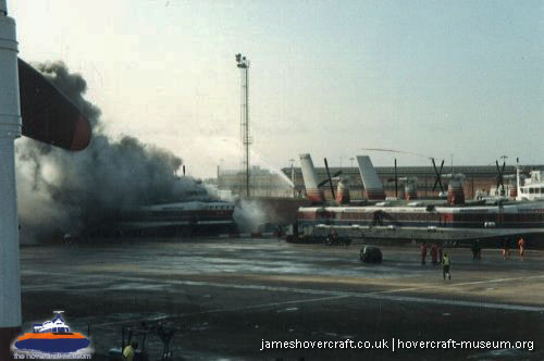 SRN4 The Prince of Wales (GH-2054) destroyed by fire at Dover -   (submitted by The <a href='http://www.hovercraft-museum.org/' target='_blank'>Hovercraft Museum Trust</a>).